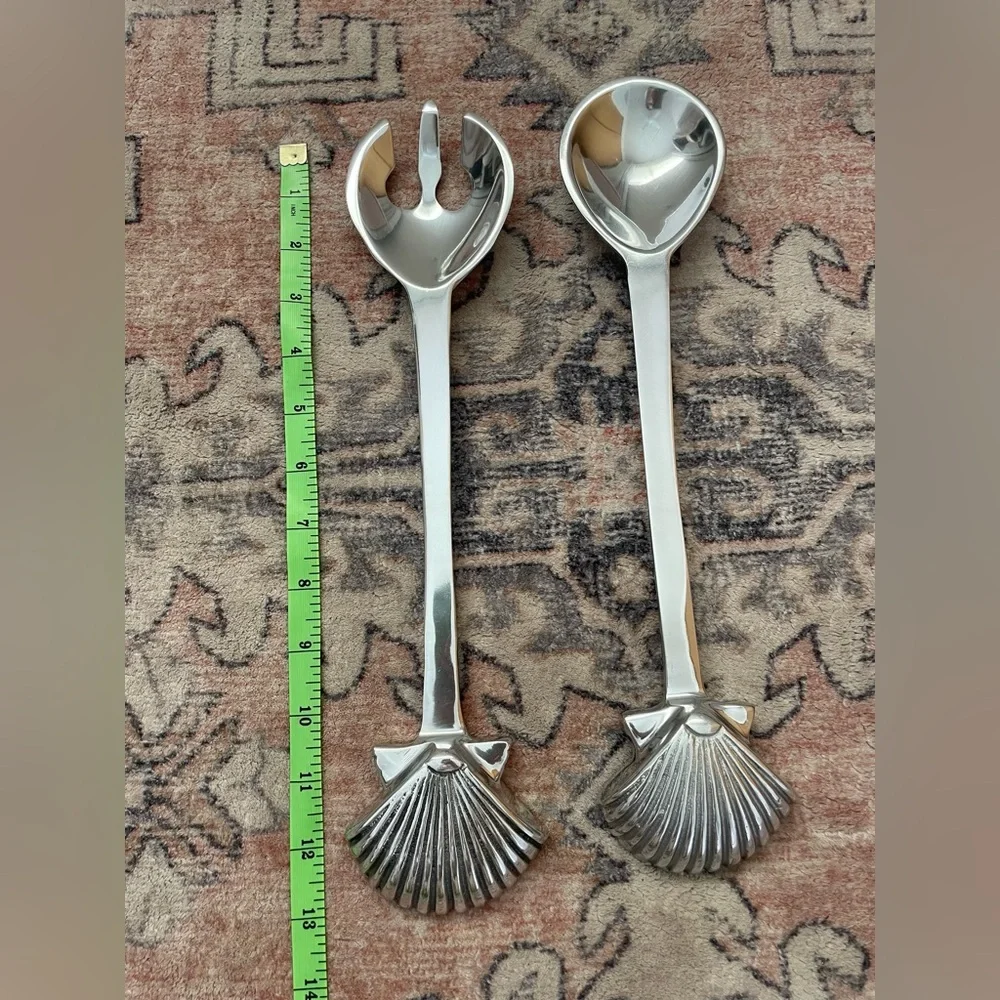 Silver Alloy Metal Coastal Grandma Chic Seashell Salad Serving Utensils